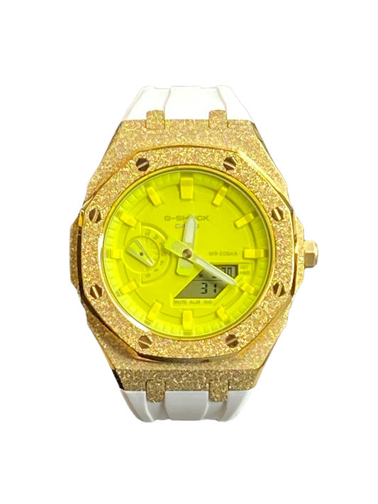 GShock Mod AP Style Gold Emery w/ White Band/ Yellow Stainless