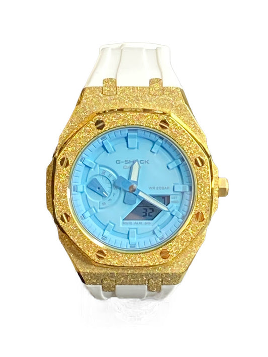 GShock Mod AP Style Gold Emery w/ White Band/ Blue Stainless