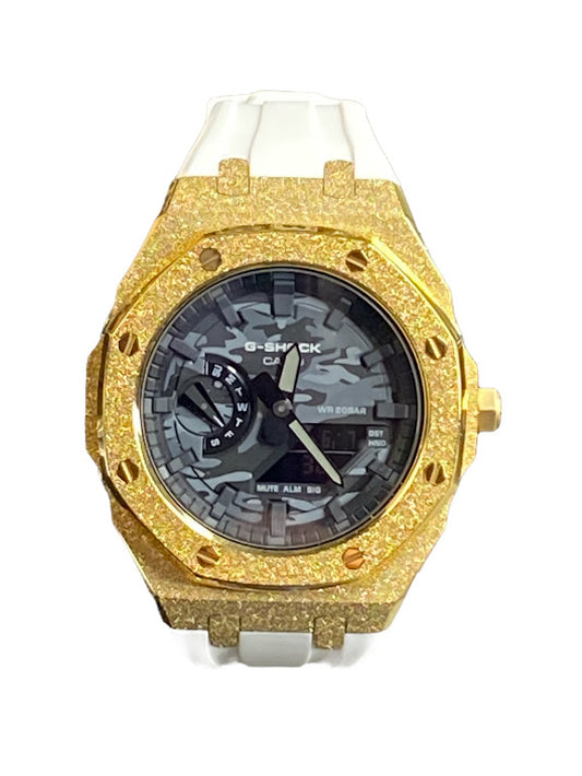 GShock Mod AP Style Gold Emery w/White Band/ Black and Grey Camo Stainless