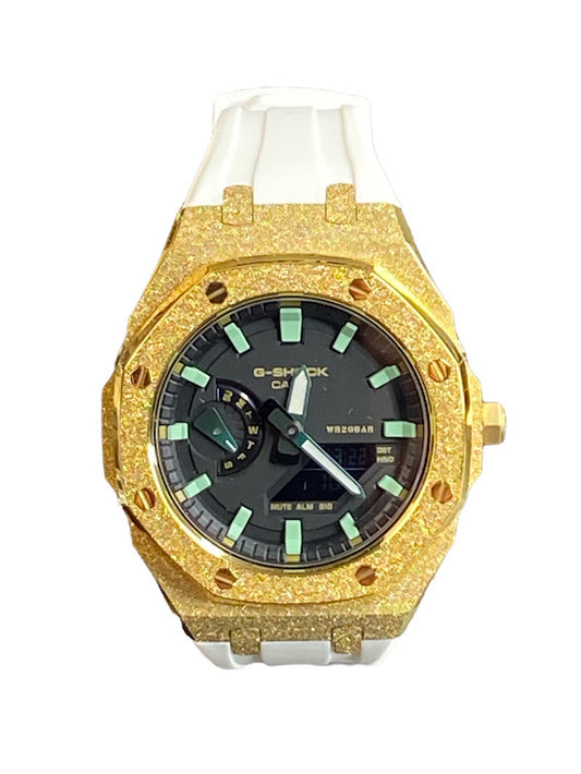 GShock Mod AP Style Gold Emery W/ White Band/ Black w/Green Markers