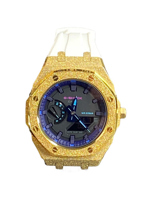 GShock Mod AP Style Gold Emery w/ White Band/ Black Stainless and Blue and Teal Markers