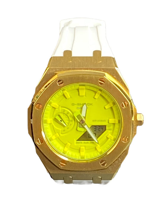 GShock Mod AP Style Gold w/ White Band/ Yellow Stainless