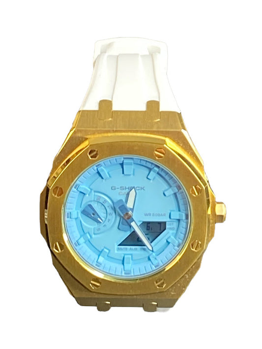 GShock Mod AP Style Gold w/ White Band/ Blue Stainless