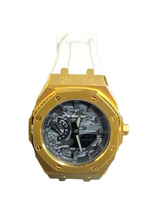 GShock Mod AP Style Gold w/White Band/ Black and Grey Camo Stainless