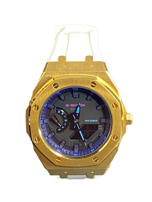 GShock Mod AP Style Gold w/ White Band/ Black Stainless and Blue and Teal Markers