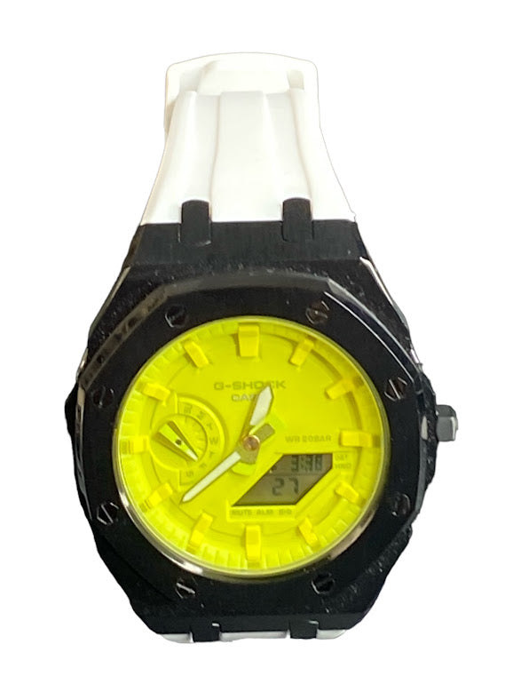 GShock Mod AP Style Black w/ White Band/ Yellow Stainless