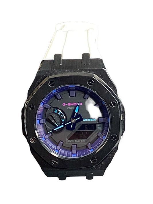 GShock Mod AP Style Black w/ White Band/ Black Stainless and Blue and Teal Markers