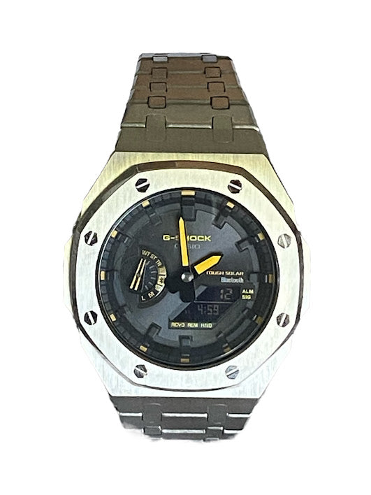 GShock Mod AP Style Silver/ Bluetooth-Solar Black Stainless w/ Yellow Markers