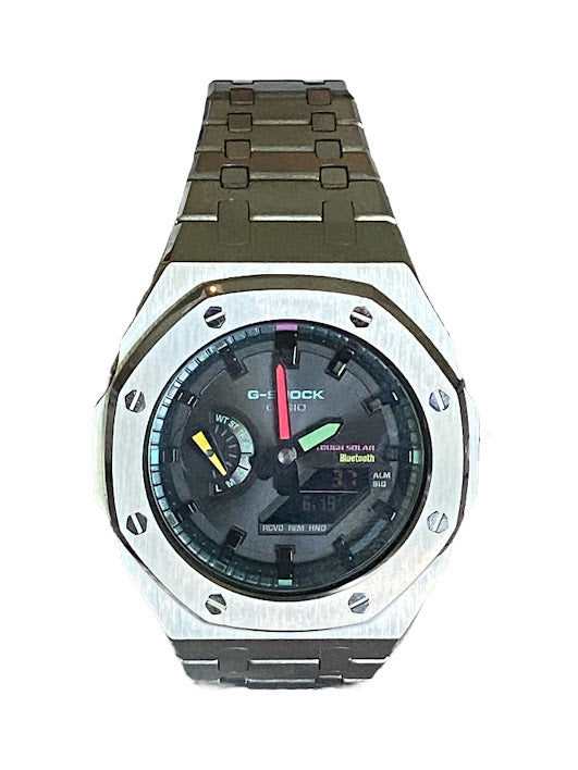 GShock Mod AP Style Silver/ Bluetooth-Solar Black Stainless w/ Rainbow Markers