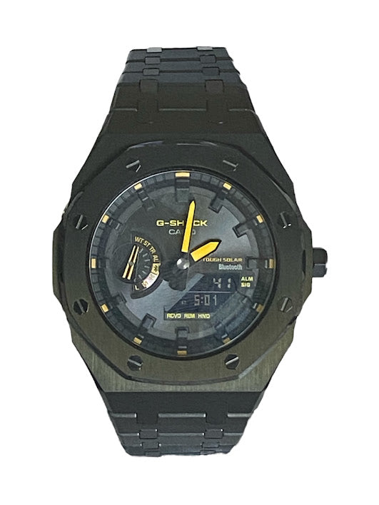 GShock Mod AP Style Black/ Bluetooth-Solar Black Stainless w/ Yellow Markers