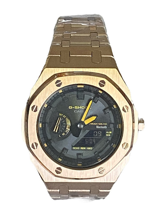 GShock Mod AP Style Rose Gold/ Bluetooth-Solar Black Stainless w/ Yellow Markers