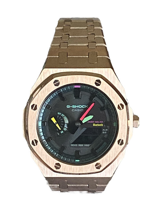 GShock Mod AP Style Rose Gold/ Bluetooth-Solar Black Stainless w/ Rainbow Markers