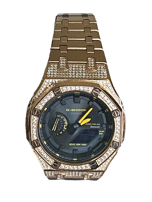 GShock Mod AP Style Rose Gold w/ Crystal Bezel and Case/Bluetooth-Solar Black Stainless w/ Yellow Markers