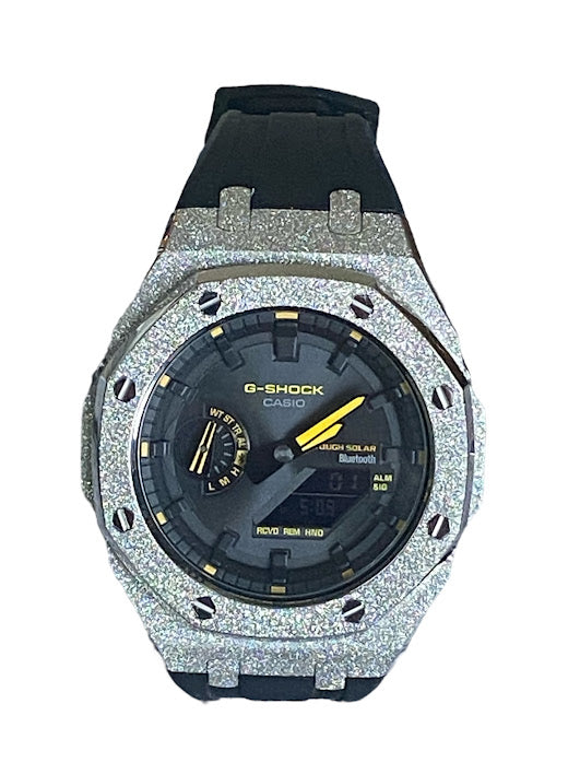 GShock Mod AP Style Silver Emery W/ Black Band/Bluetooth-Solar Black Stainless w/ Yellow Markers