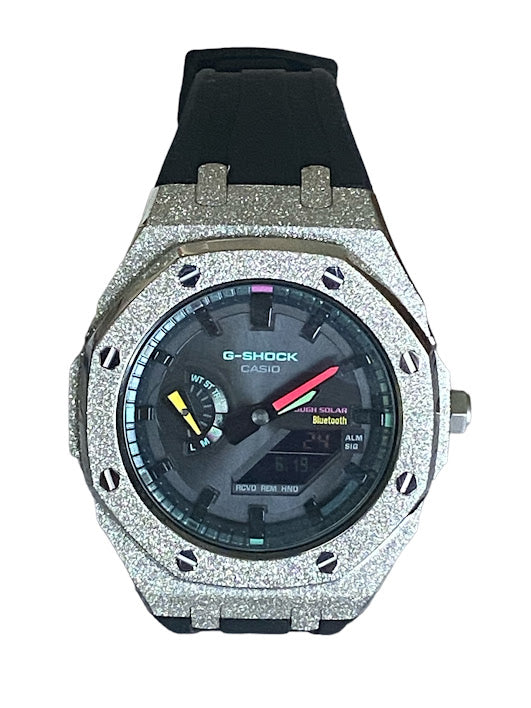 GShock Mod AP Style Silver Emery W/ Black Band/Bluetooth-Solar Black Stainless w/ Rainbow Markers