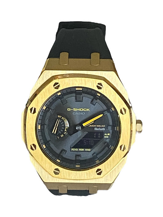 GShock Mod AP Style Gold w/ Black Band/ Bluetooth-Solar Black Stainless w/ Yellow Markers