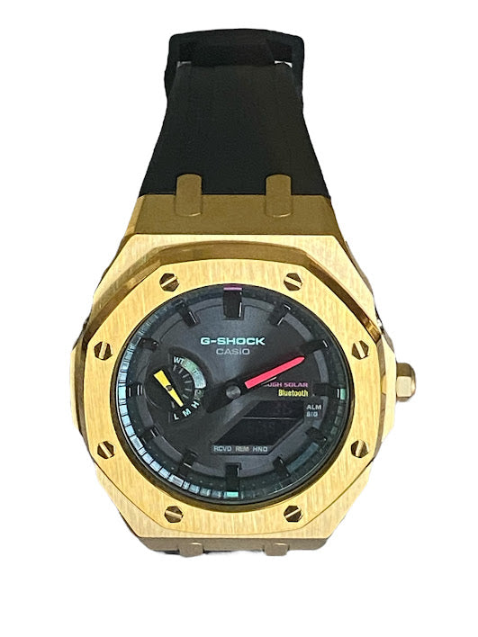 GShock Mod AP Style Gold w/ Black Band/ Bluetooth-Solar Black Stainless w/ Rainbow Markers