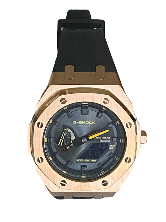 GShock Mod AP Style Rose Gold w/ Black Band/Bluetooth-Solar Black Stainless w/ Yellow Markers