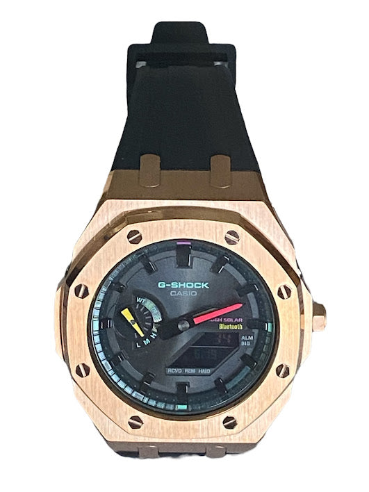 GShock Mod AP Style Rose Gold w/ Black Band/Bluetooth-Solar Black Stainless w/ Rainbow Markers