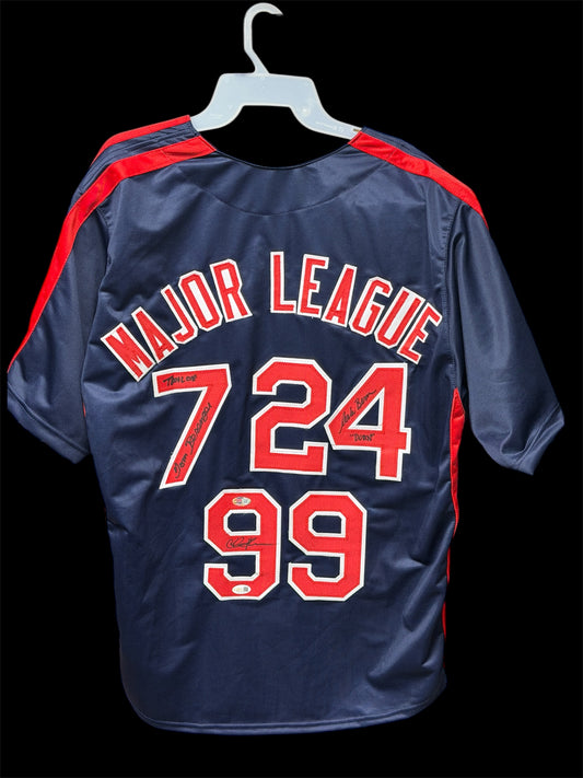 Charlie Sheen, Tom Berenger & Corbin Bernsen Signed Major League Jersey Inscribed “Taylor” & “Dorn”  JSA Authenticated