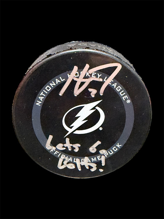 Haydn Fleury signed Tampa Bay Lightning puck, inscribed “Go Bolts!