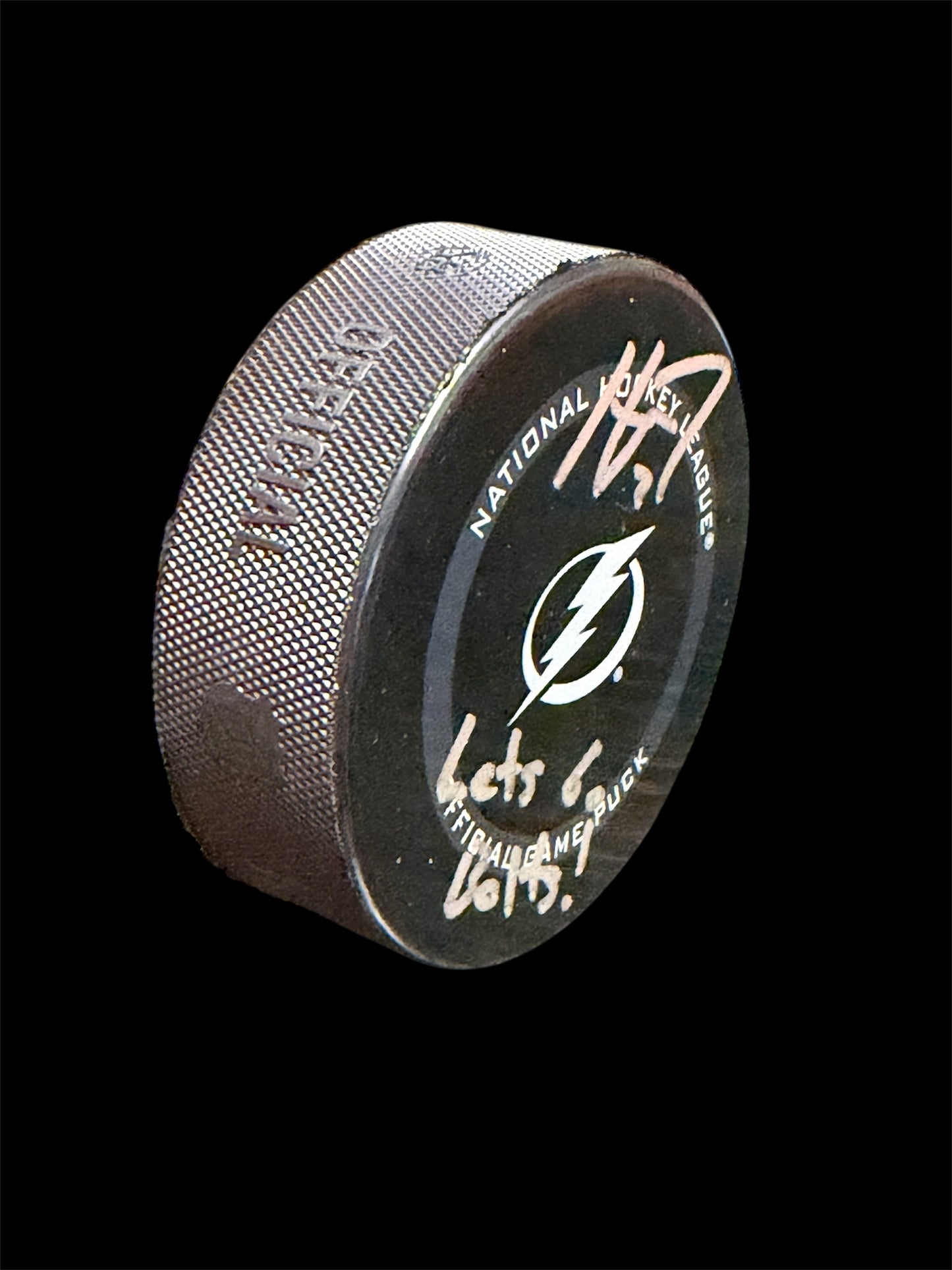 Haydn Fleury signed Tampa Bay Lightning puck, inscribed “Go Bolts!