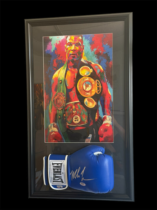 Mike Tyson Art Display With A Signed Blue Everlast Glove 29x17 Frame